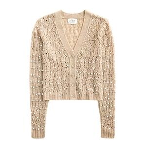 J. Crew Collection Sequin Embellished Pointelle Cardigan Tan Crochet Knit S